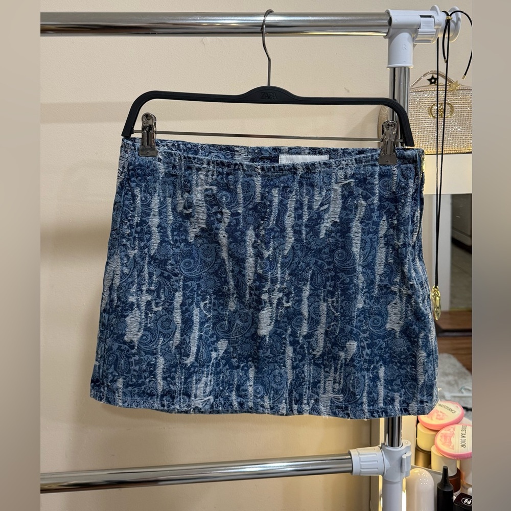 ZARA Denim Mini Skirt Paisley Print Distressed Size S